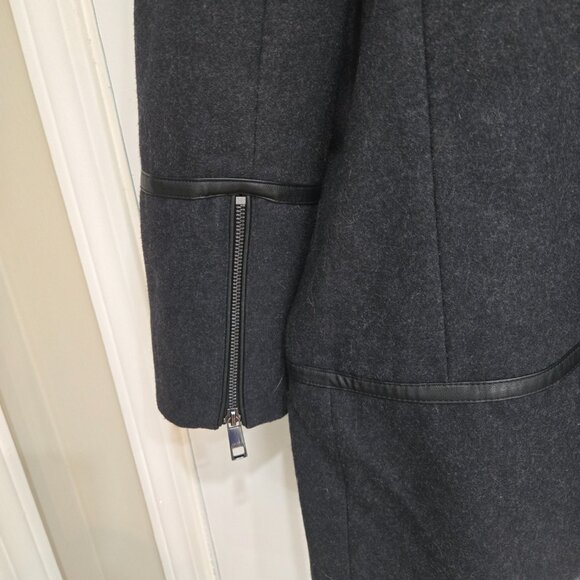 Guess-Y2K_ Black wool blend Leather Trim Zip Up winter peacoat_Large - Picture 5 of 6
